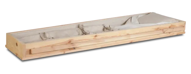 Uitvaartkistwinkel.nl Hollands Hout opbaarplank grenen met linnen wade